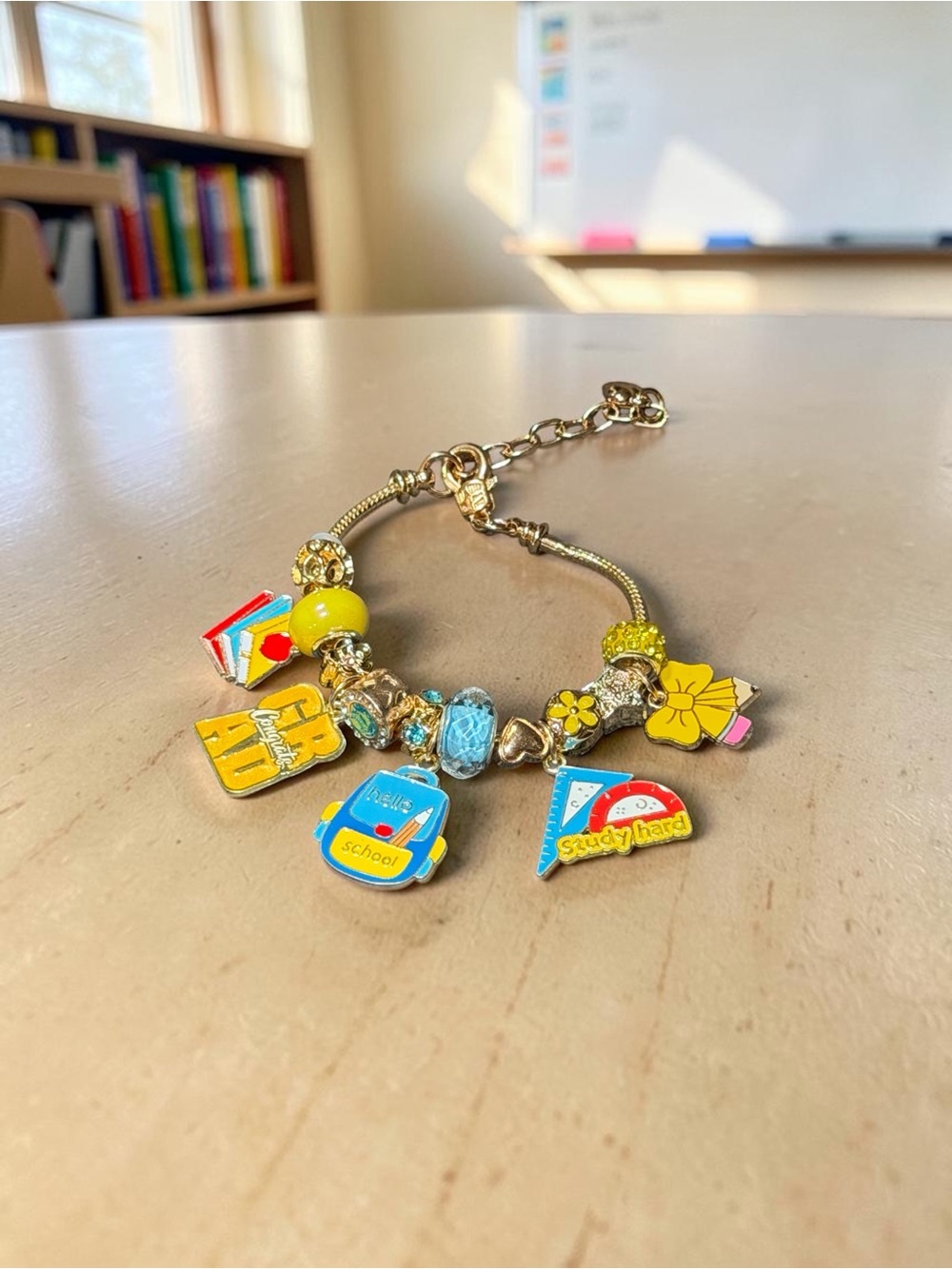 Gold-Tone School Charm Bracelet with Yellow & Blue Enamel Accents